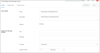 Display User Message Action Settings