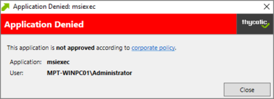 Application Denied Notification Action dialog