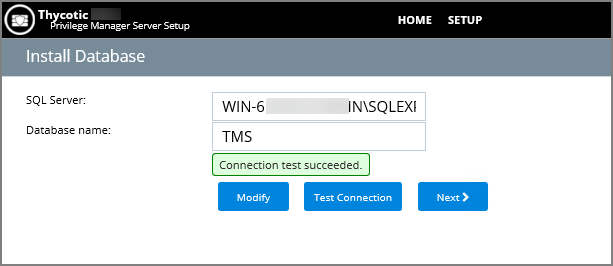 Install Database screen