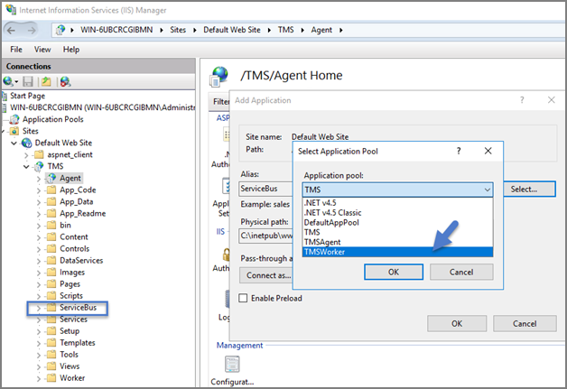 Setting the application pool